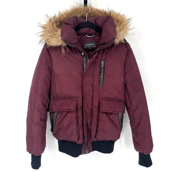 Mackage Burgundy Diego Down Bomber Jacket with Fur Trim Hood size 36 Small - Picture 1 of 11
